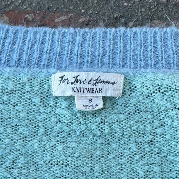 For Love & Lemons Knitwear Mint & Blue Size S Long Balloon Sleeve V-Neck - Picture 2 of 3